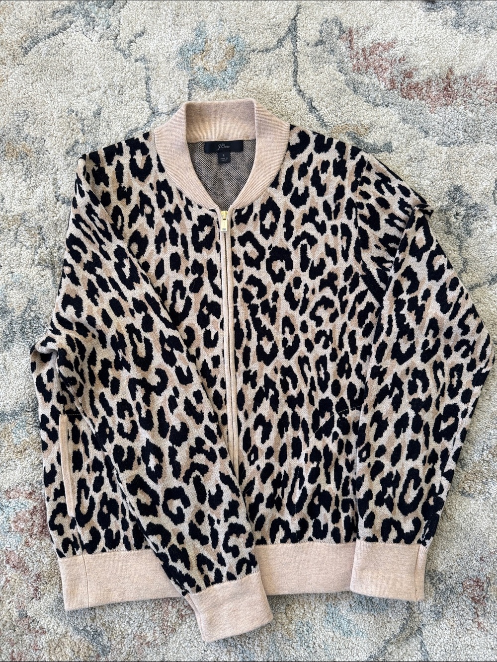 J. Crew Leopard-Print Zip Front Bomber Jacket in Beige and Black